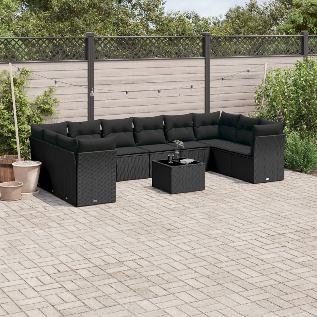 11 Pcs conjunto sofás de jardim c/ almofadões vime PE preto