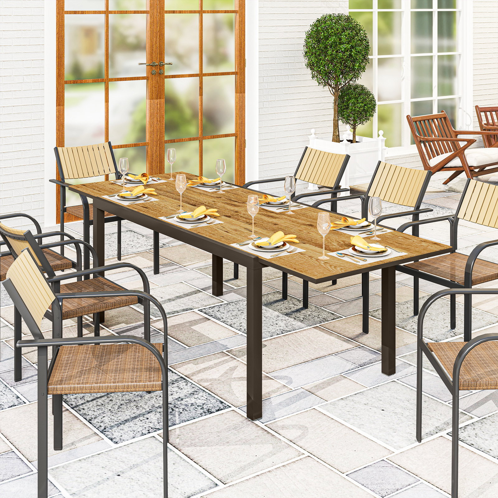 Mesa de jantar exterior extensível de 160-240 cm para 6-8 pessoas mesa de jardim retangular para terraço castanho