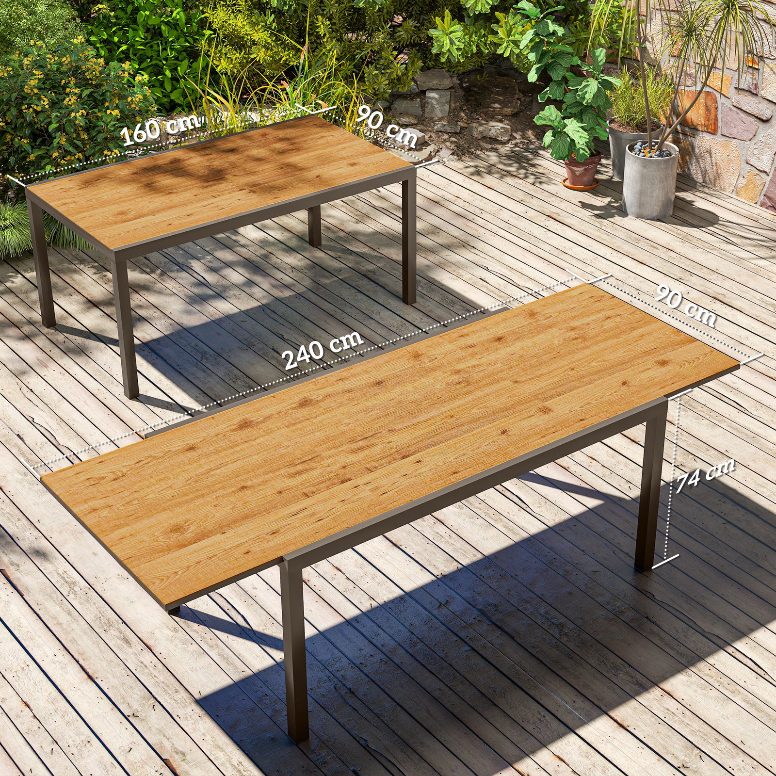 Mesa de jantar exterior extensível de 160-240 cm para 6-8 pessoas mesa de jardim retangular para terraço castanho