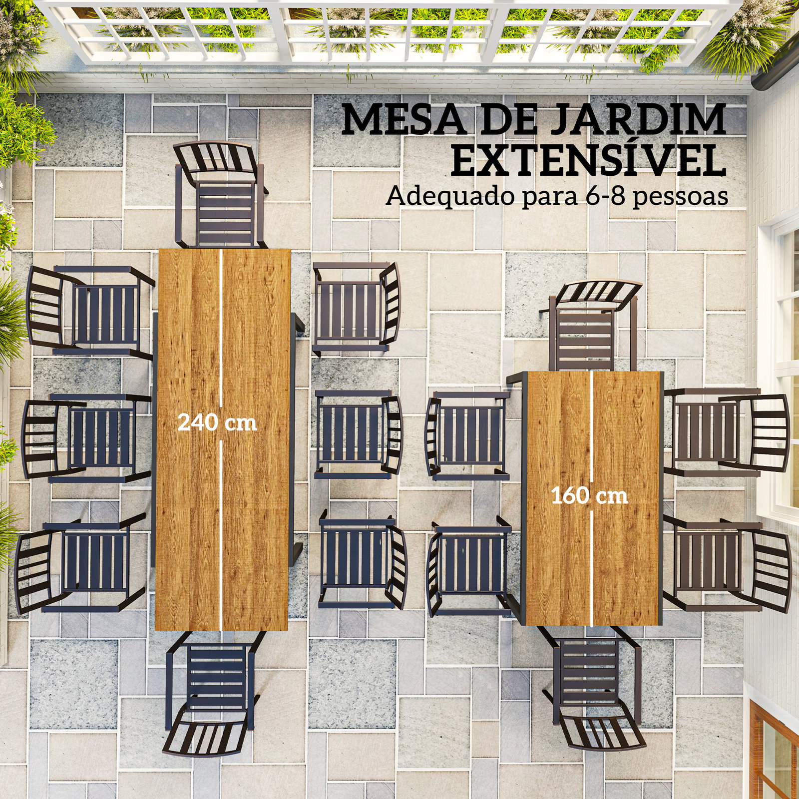 Mesa de jantar exterior extensível de 160-240 cm para 6-8 pessoas mesa de jardim retangular para terraço castanho