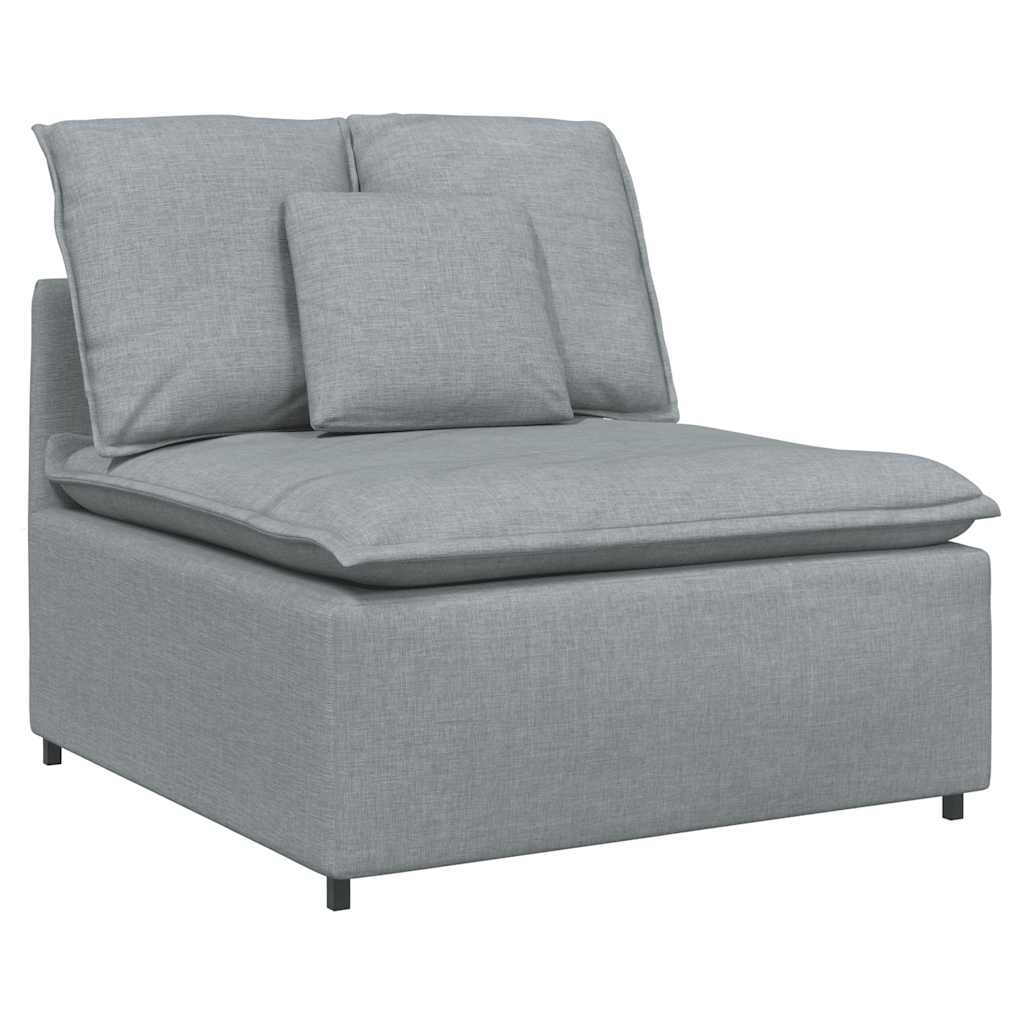 Sofá modular com apoio para os pés e almofadas, tecido cinza claro