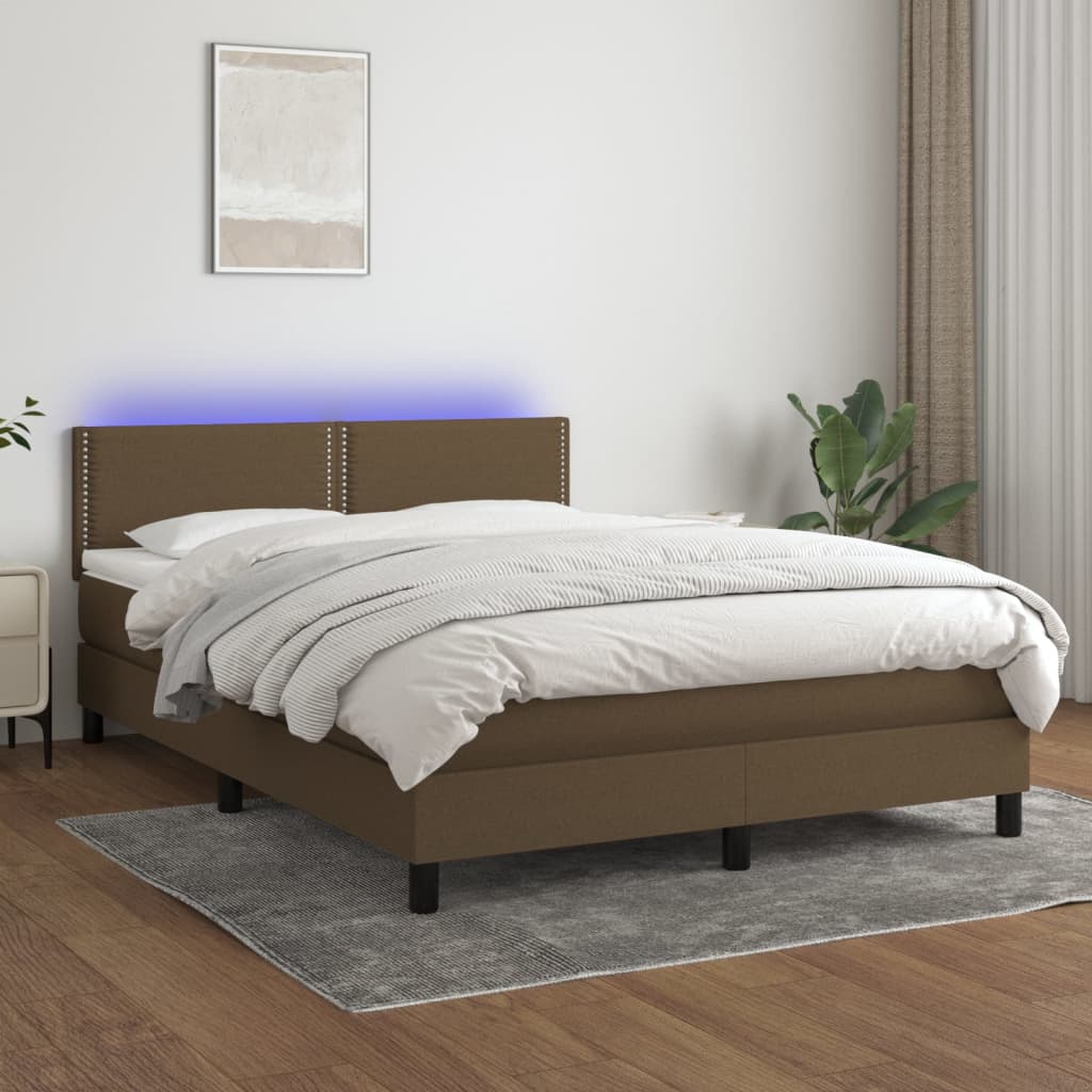 Cama box spring c/ colchão/LED 140x190cm tecido castanho-escuro
