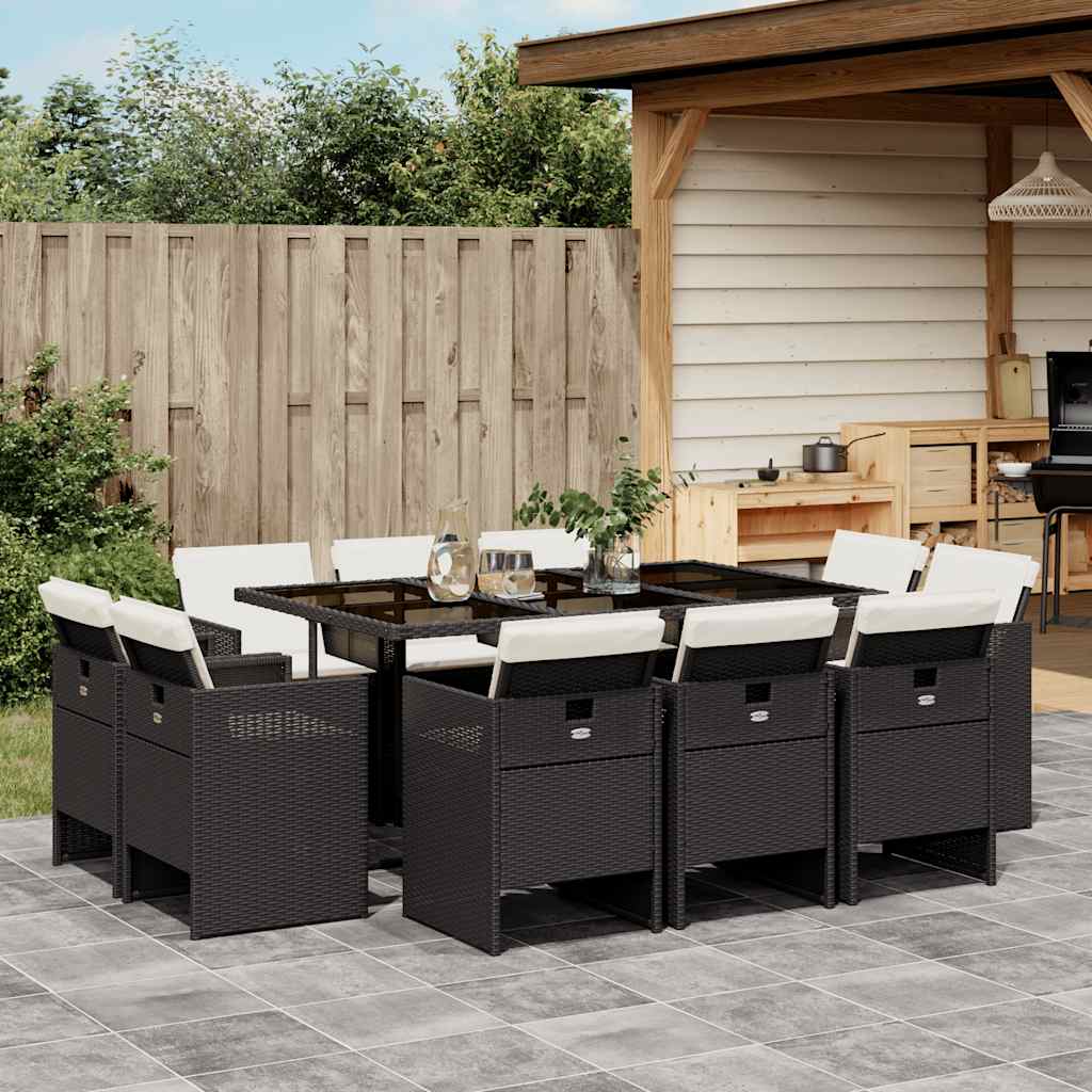 11 Pcs conjunto de jantar p/ jardim c/ almofadões vime PE preto