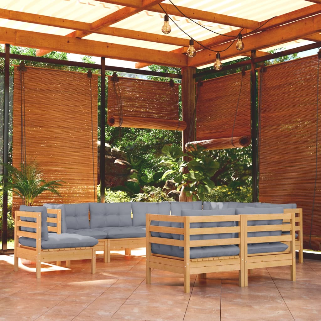9 Pcs conjunto lounge de jardim + almofadões cinza pinho maciço