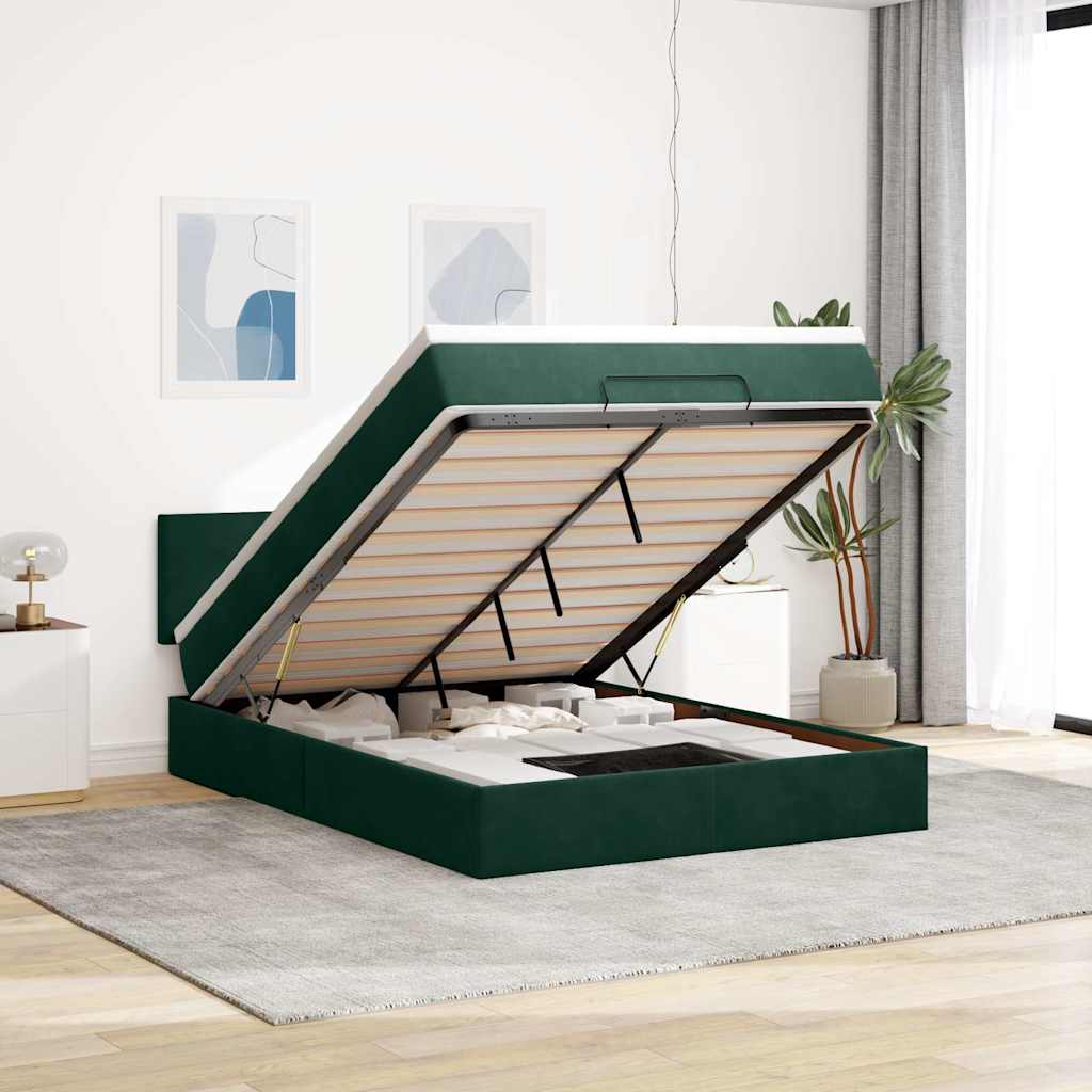 Estrutura de cama otomana com colchão 140x200 cm verde escuro