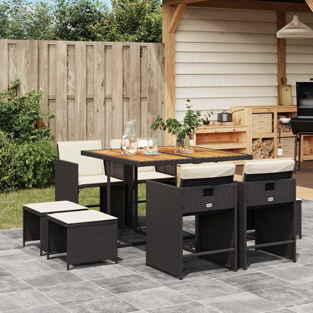 9 Pcs conjunto de jantar p/ jardim c/ almofadões vime PE preto