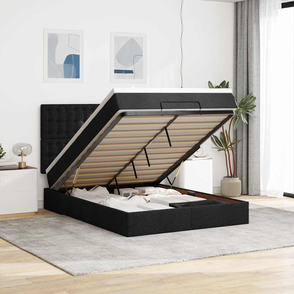 Estrutura de cama otomana com colchão 140x200 cm tecido preto