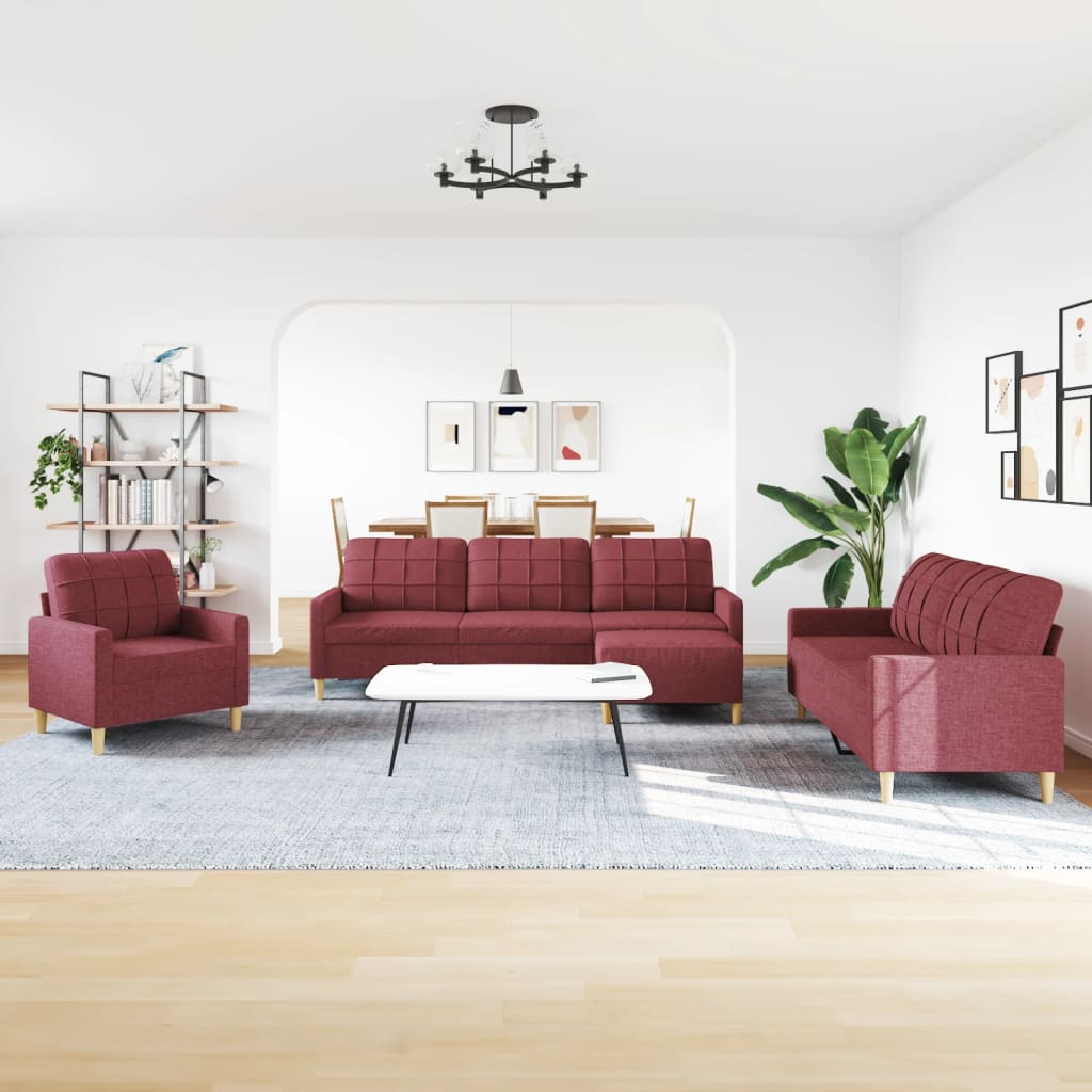 4 Pcs conjunto de sofás com apoio de pés tecido vermelho tinto
