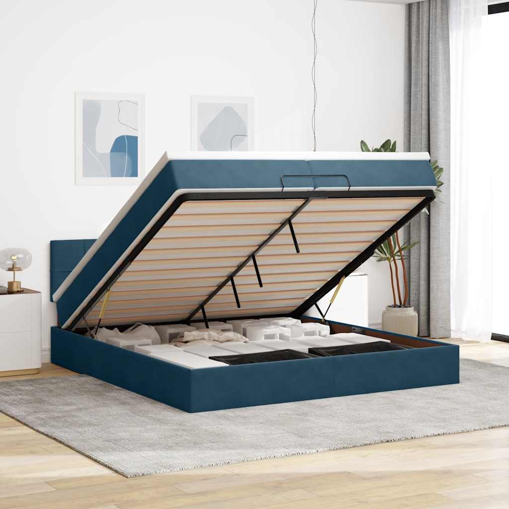 Cama otomana com colchões/leds 200x200 cm veludo azul-escuro