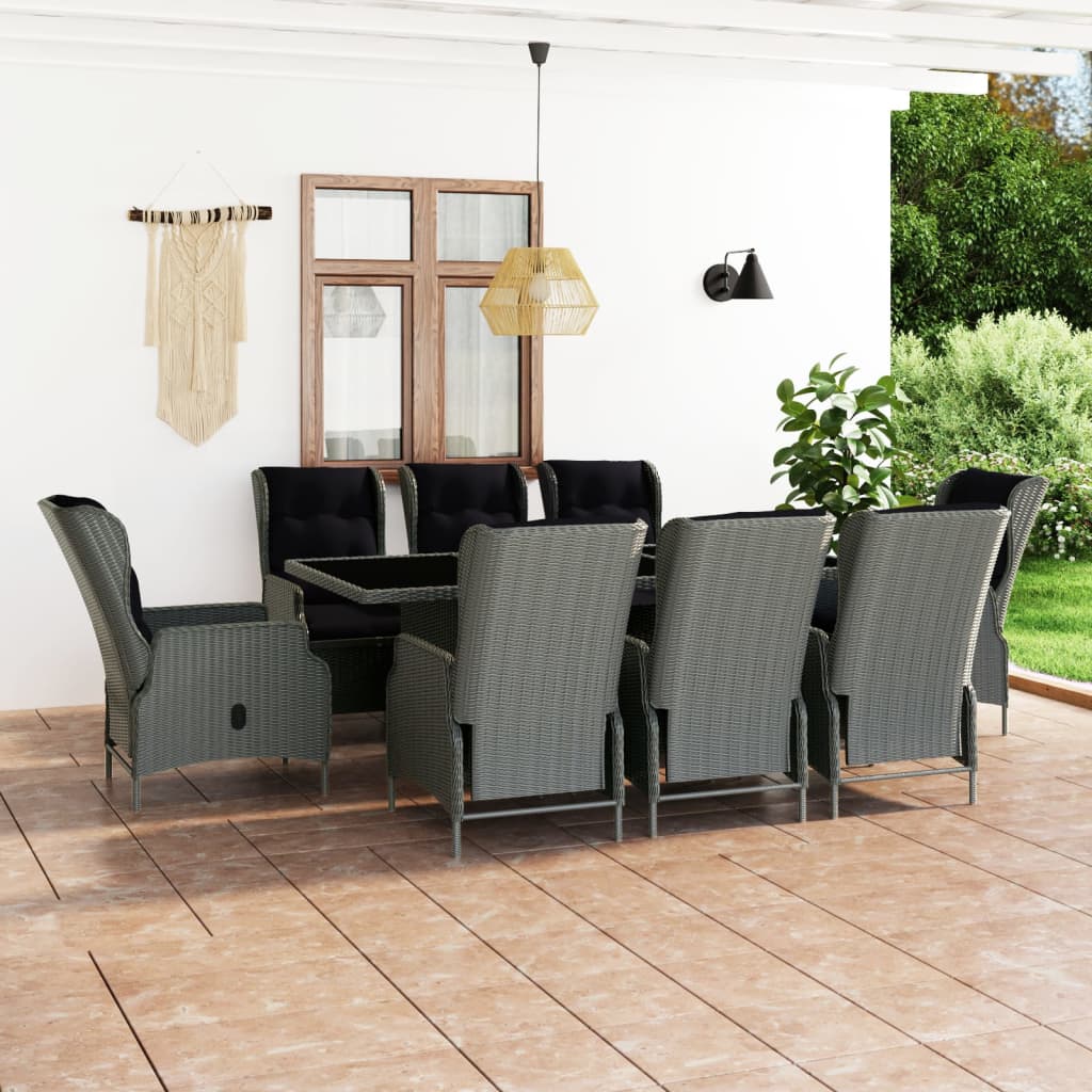 9 Pcs conj. jantar exterior + almofadões vime PE cinzento-claro