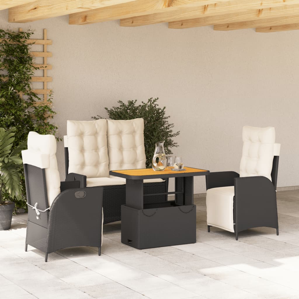 4 Pcs conjunto de jardim p/ jardim c/ almofadões vime PE preto