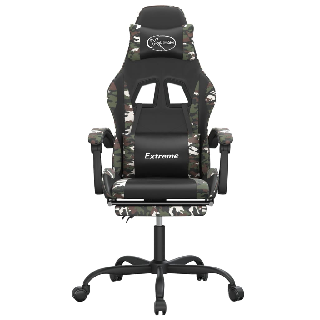 Cadeira gaming giratória + apoio pés couro art. preto/camuflado