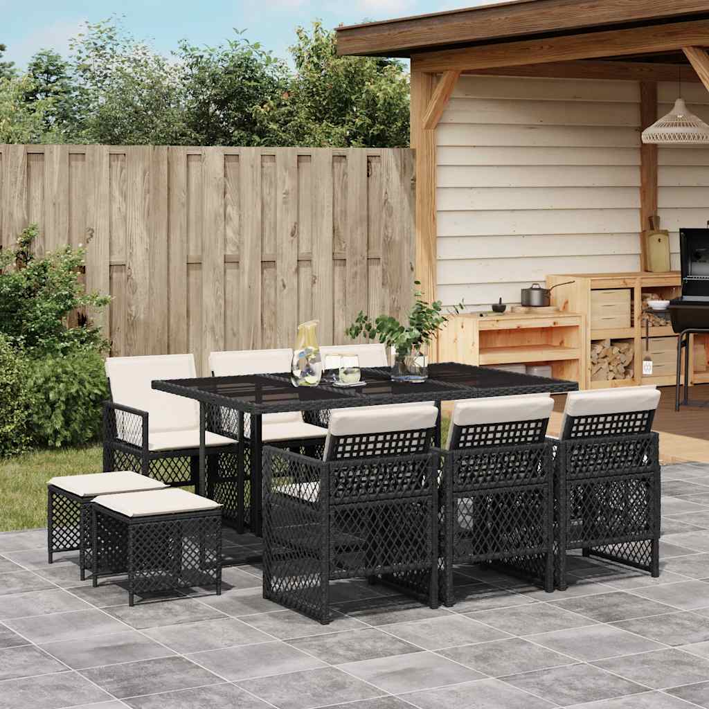 11 Pcs conjunto de jantar p/ jardim c/ almofadões vime PE preto