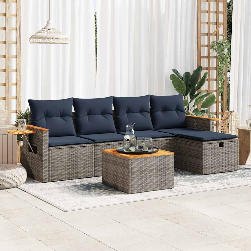 6 Pcs conjunto sofás de jardim com almofadões vime cinzento