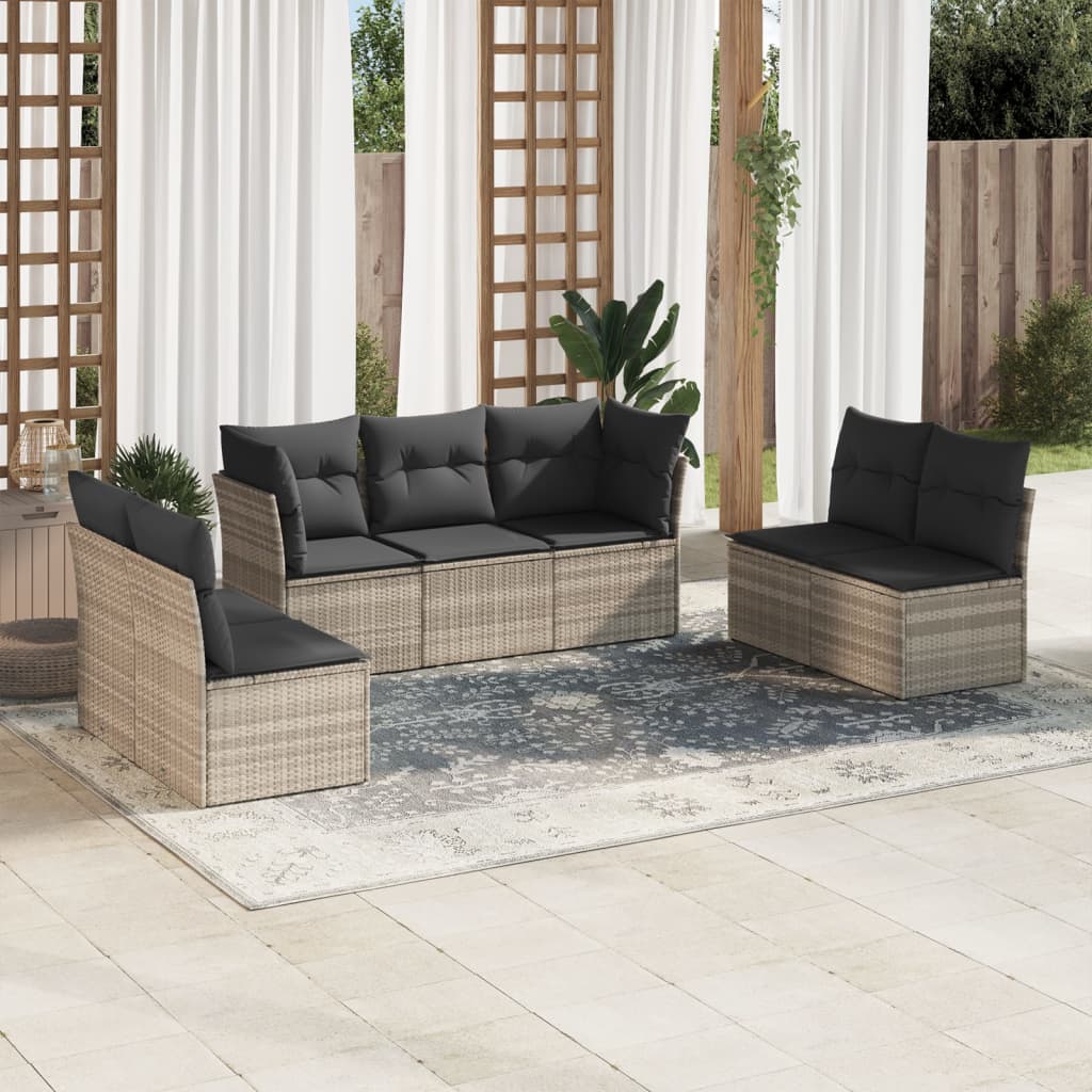 7 Pcs conj. sofás jardim com almofadões vime PE cinzento-claro