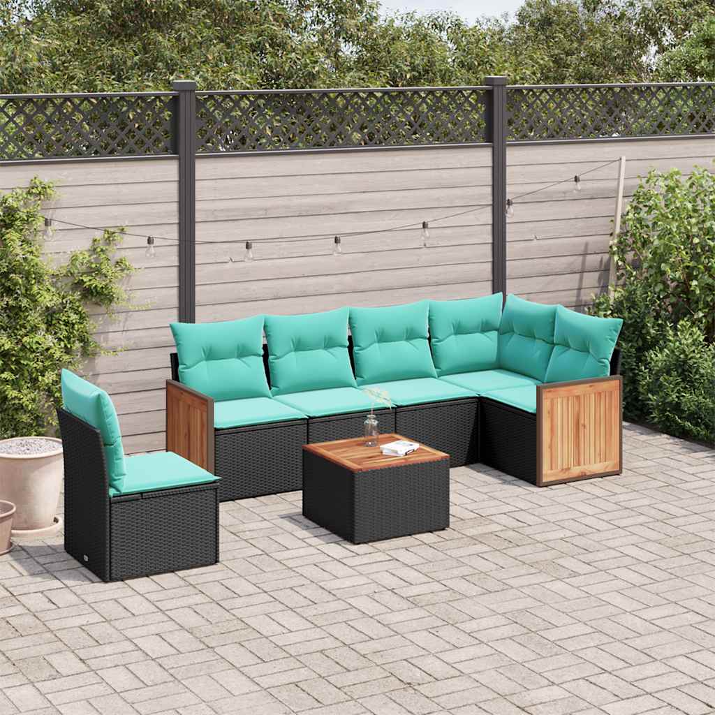 Conjunto de sofá de jardim com 7 peças e almofadas em rattan sintético preto