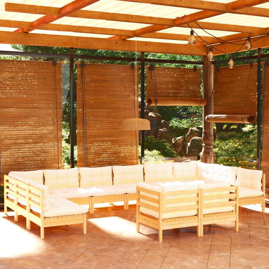 12 Pcs conjunto lounge jardim c/ almofadões creme pinho maciço