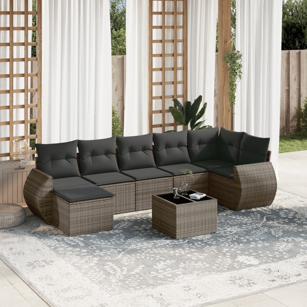 8 Pcs conjunto sofás de jardim c/ almofadões vime PE cinzento