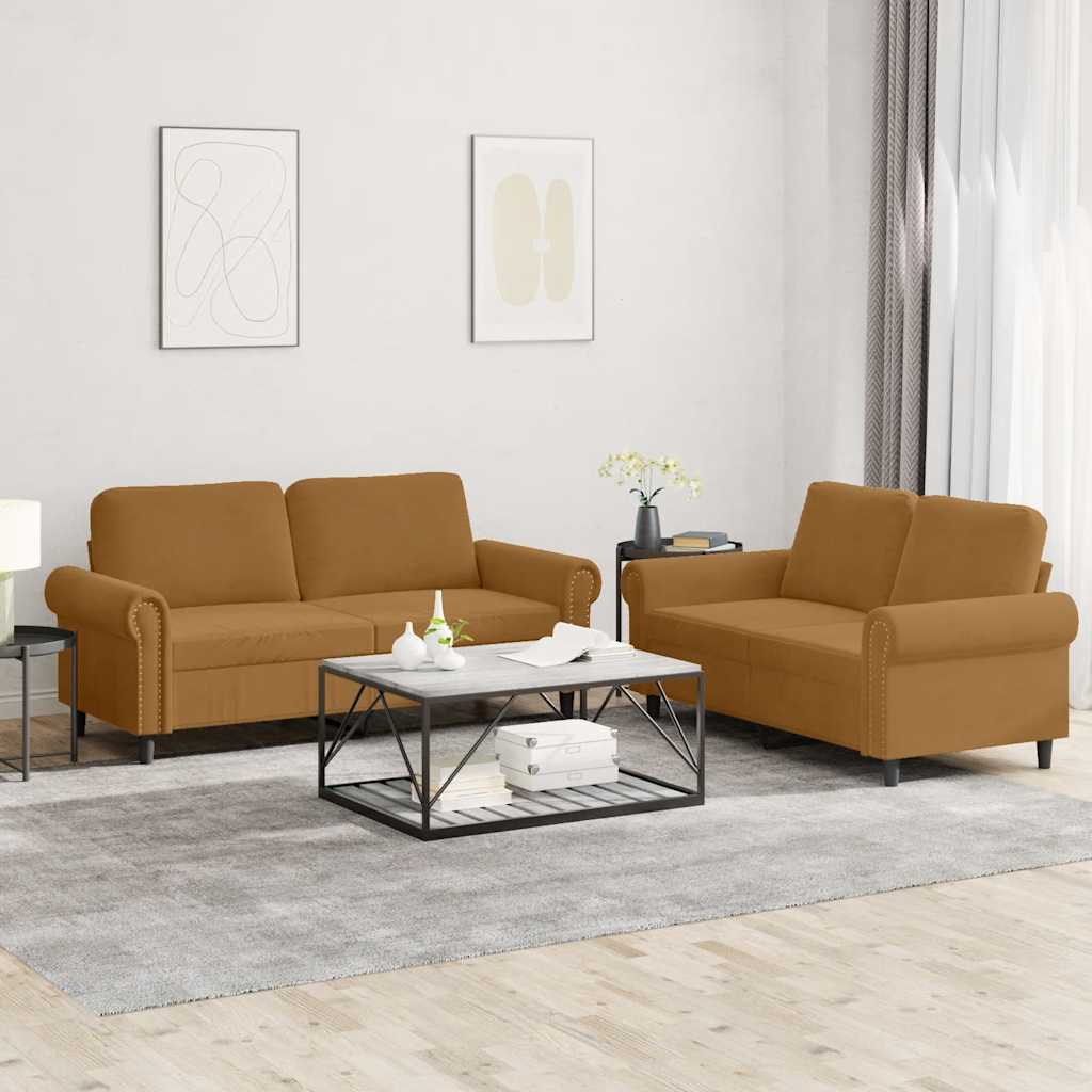 2 Pcs conjunto de sofás com almofadões veludo castanho