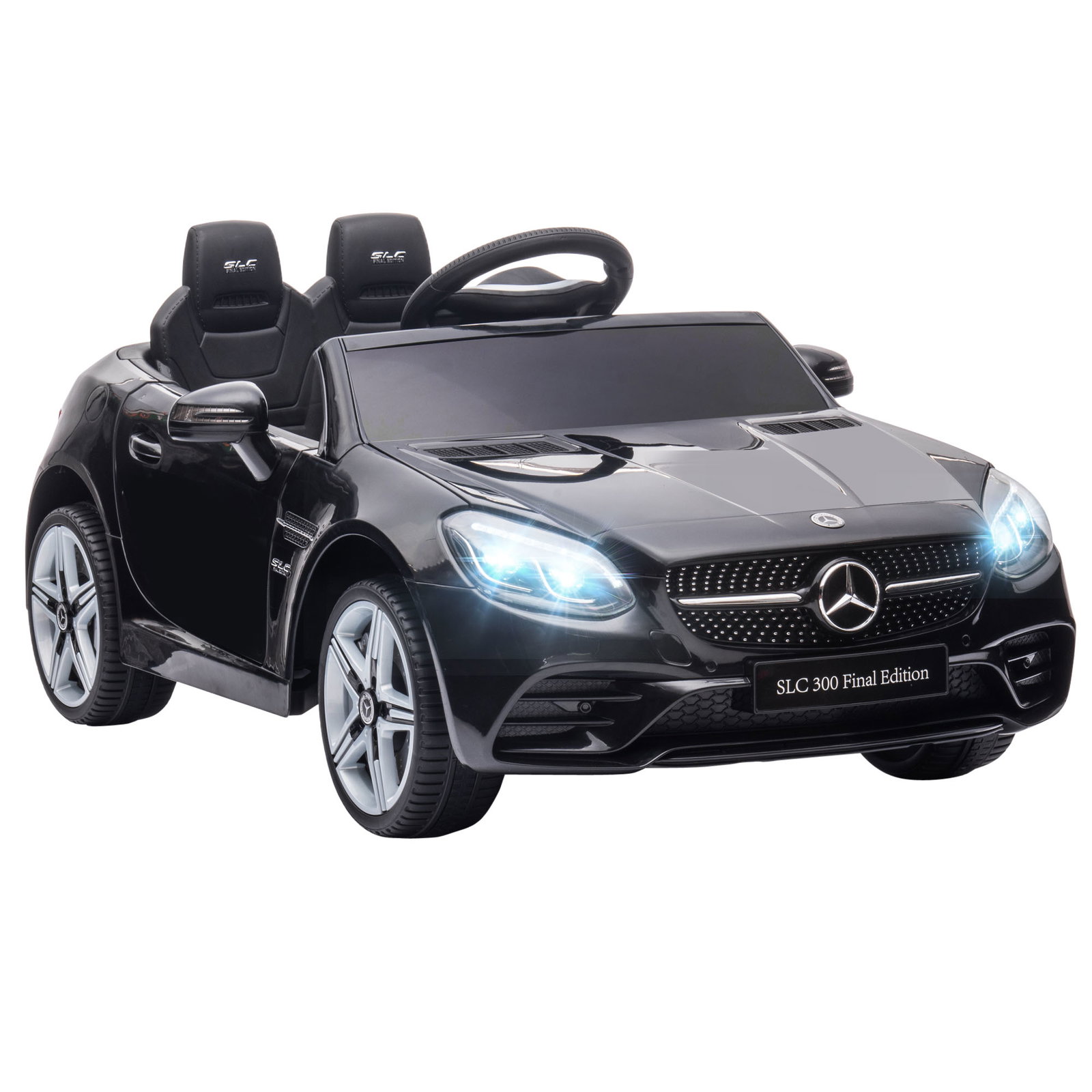 Carro elétrico mercedes slc 300 12v com controlo remoto faróis LED música tf USB e abertura da porta 3-5km/h 107x62,5x44 cm preto