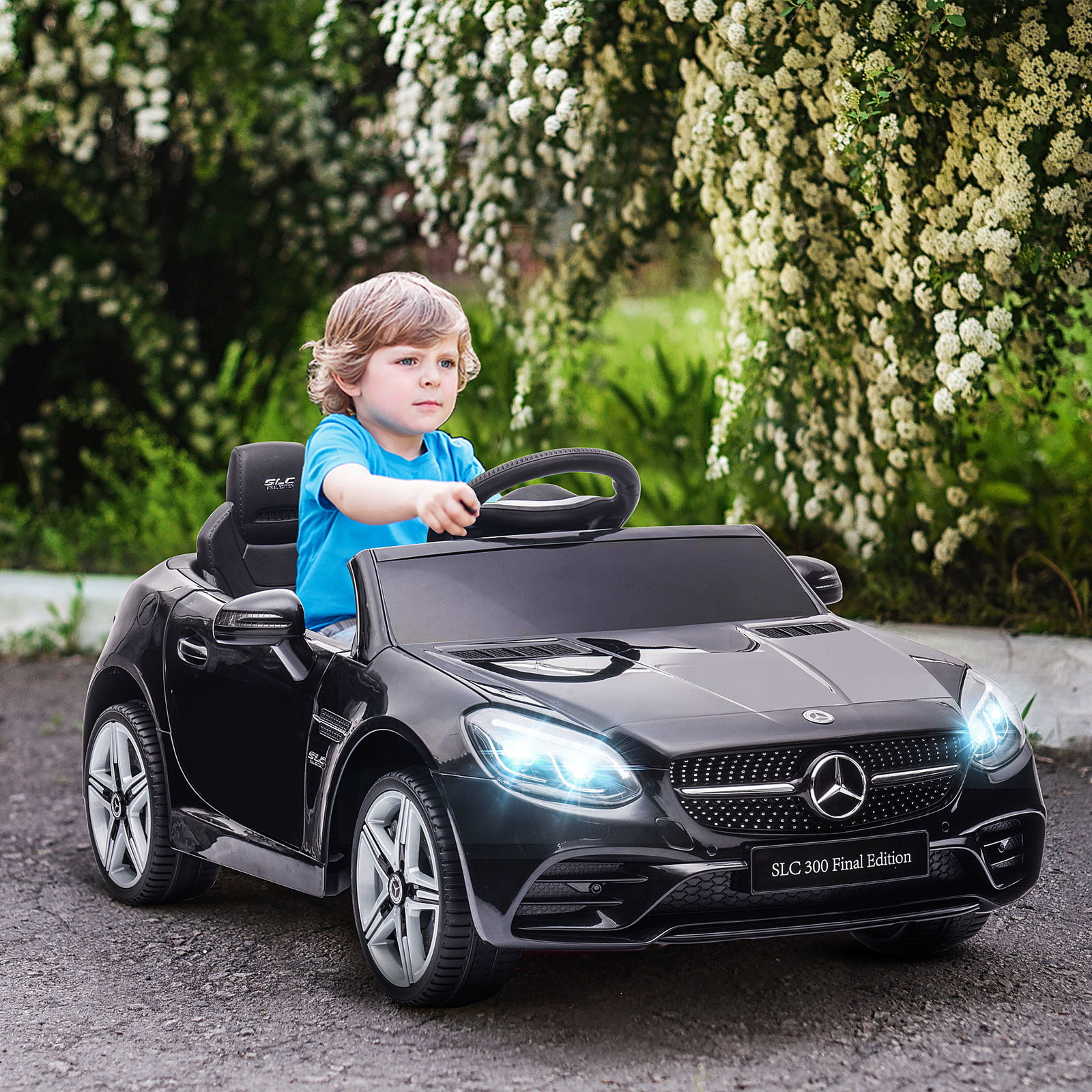 Carro elétrico mercedes slc 300 12v com controlo remoto faróis LED música tf USB e abertura da porta 3-5km/h 107x62,5x44 cm preto