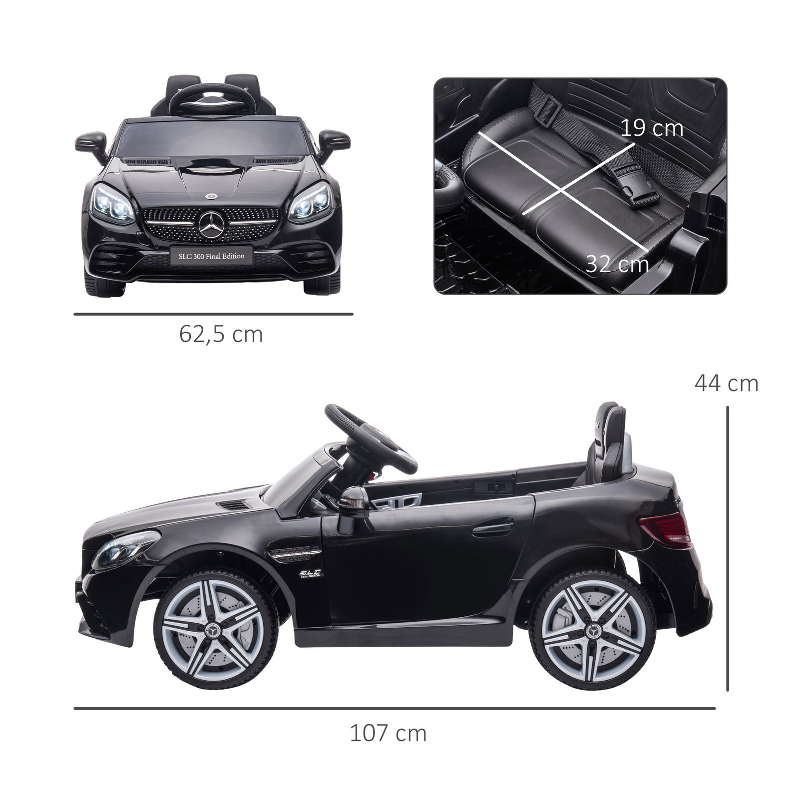 Carro elétrico mercedes slc 300 12v com controlo remoto faróis LED música tf USB e abertura da porta 3-5km/h 107x62,5x44 cm preto