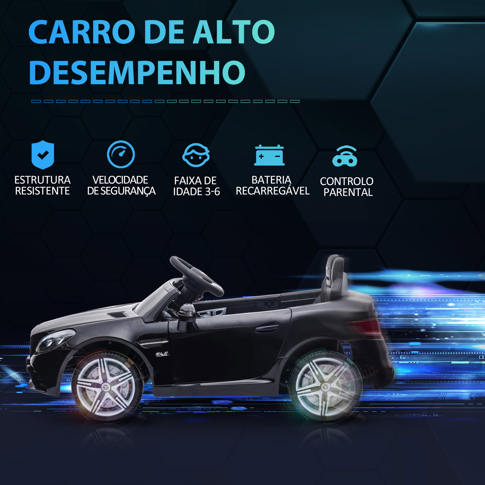Carro elétrico mercedes slc 300 12v com controlo remoto faróis LED música tf USB e abertura da porta 3-5km/h 107x62,5x44 cm preto