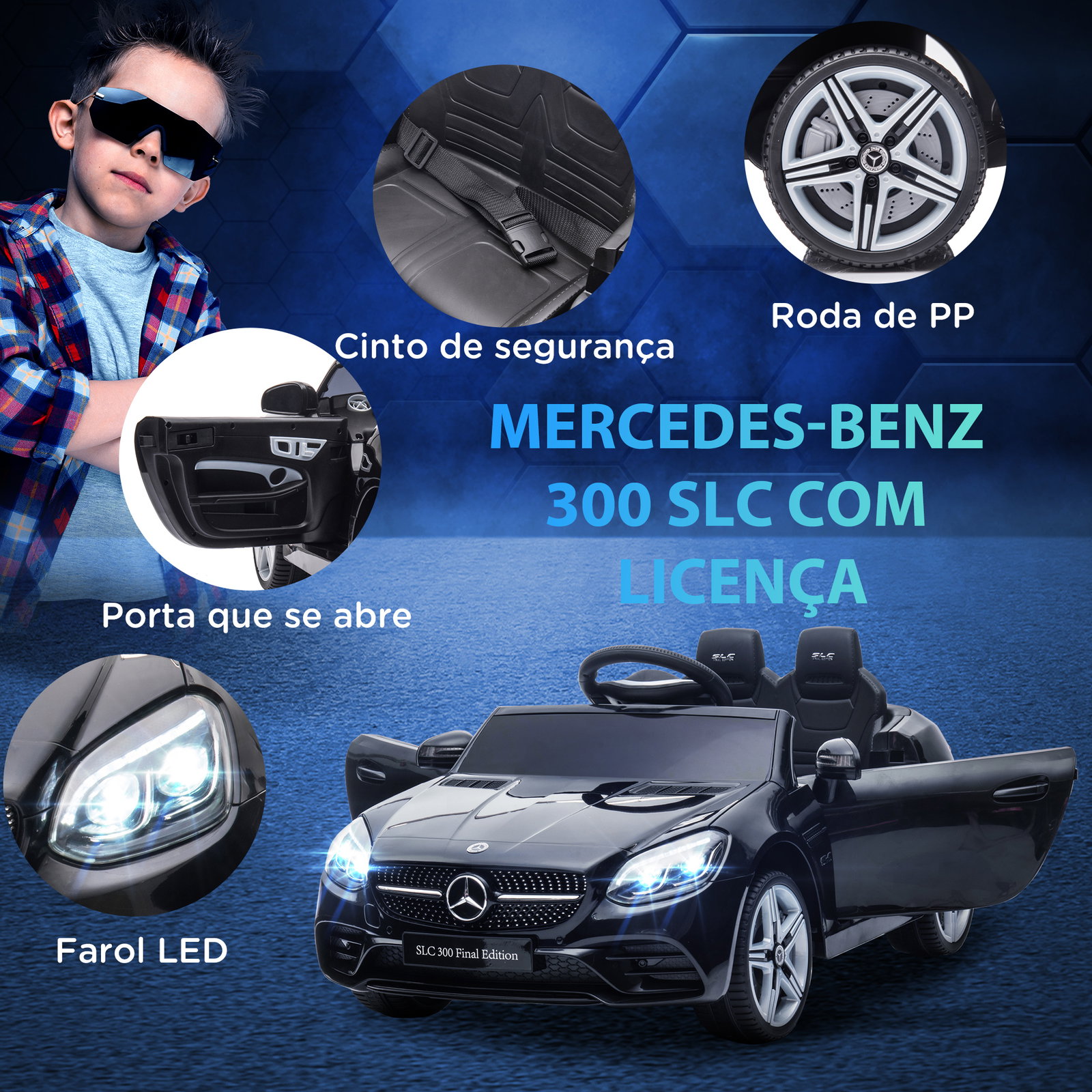 Carro elétrico mercedes slc 300 12v com controlo remoto faróis LED música tf USB e abertura da porta 3-5km/h 107x62,5x44 cm preto