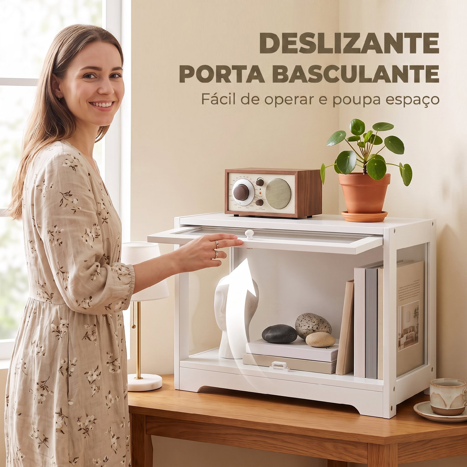 Vitrine expositora para coleções com porta acrílica elevatória deslizante para figuras decorativas 59x30x40 cm branco