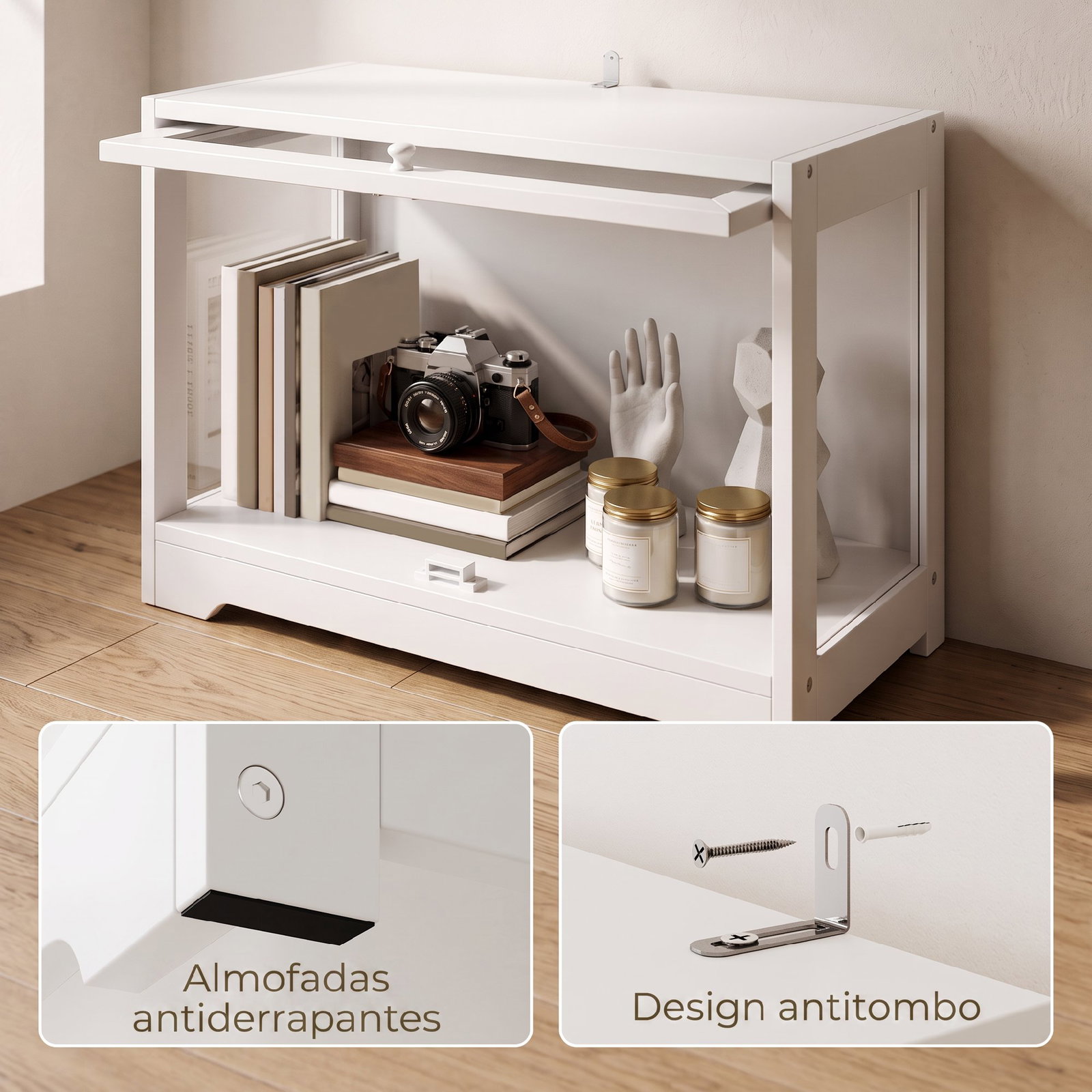 Vitrine expositora para coleções com porta acrílica elevatória deslizante para figuras decorativas 59x30x40 cm branco