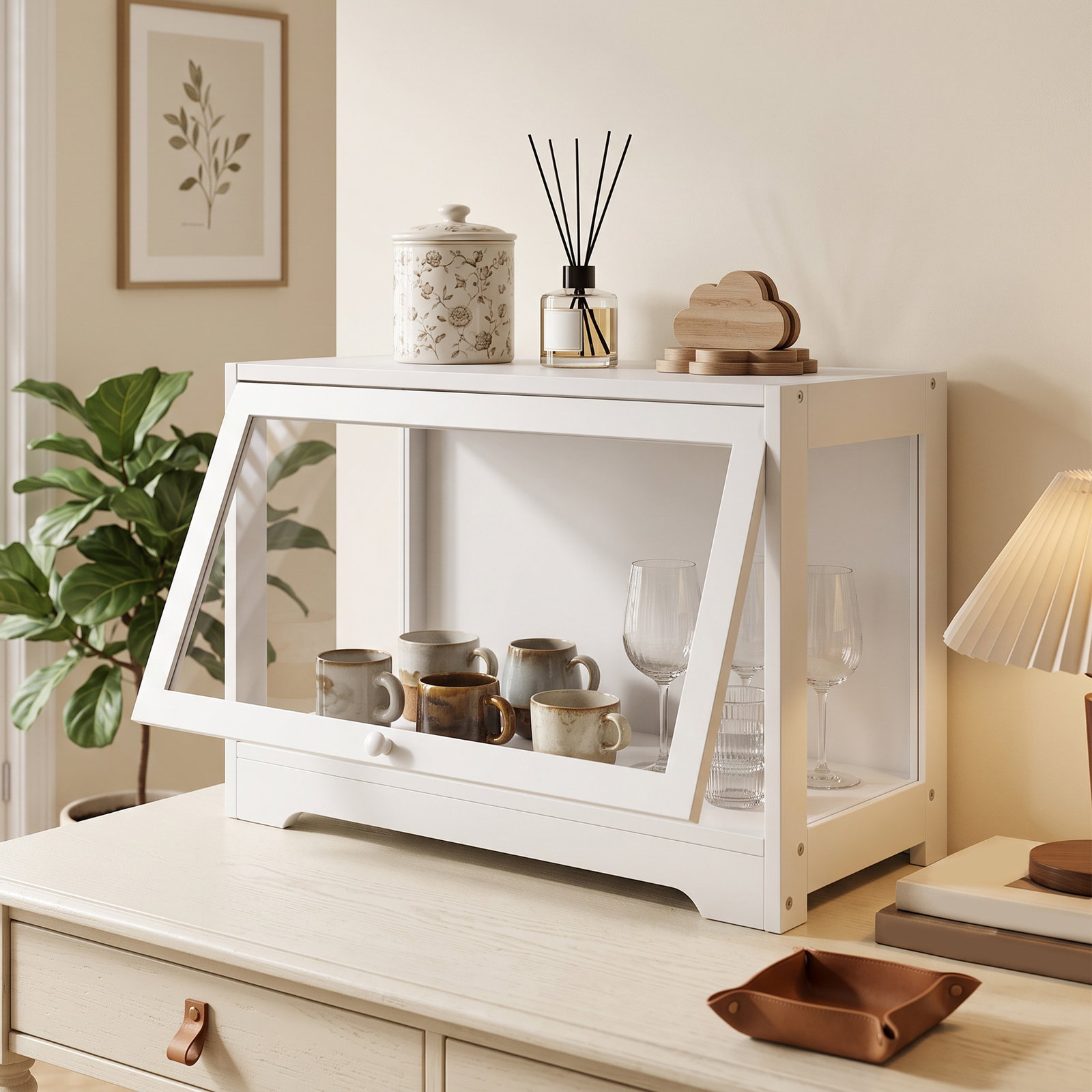 Vitrine expositora para coleções com porta acrílica elevatória deslizante para figuras decorativas 59x30x40 cm branco