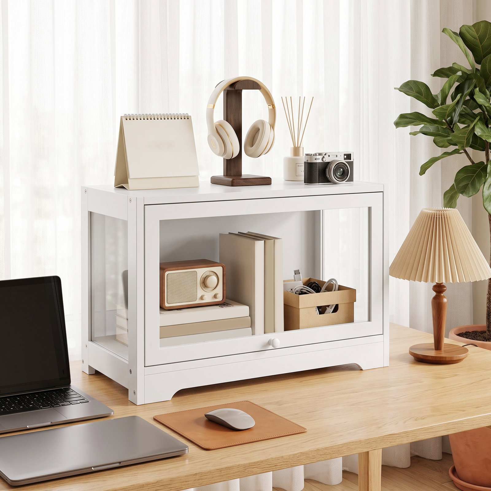 Vitrine expositora para coleções com porta acrílica elevatória deslizante para figuras decorativas 59x30x40 cm branco