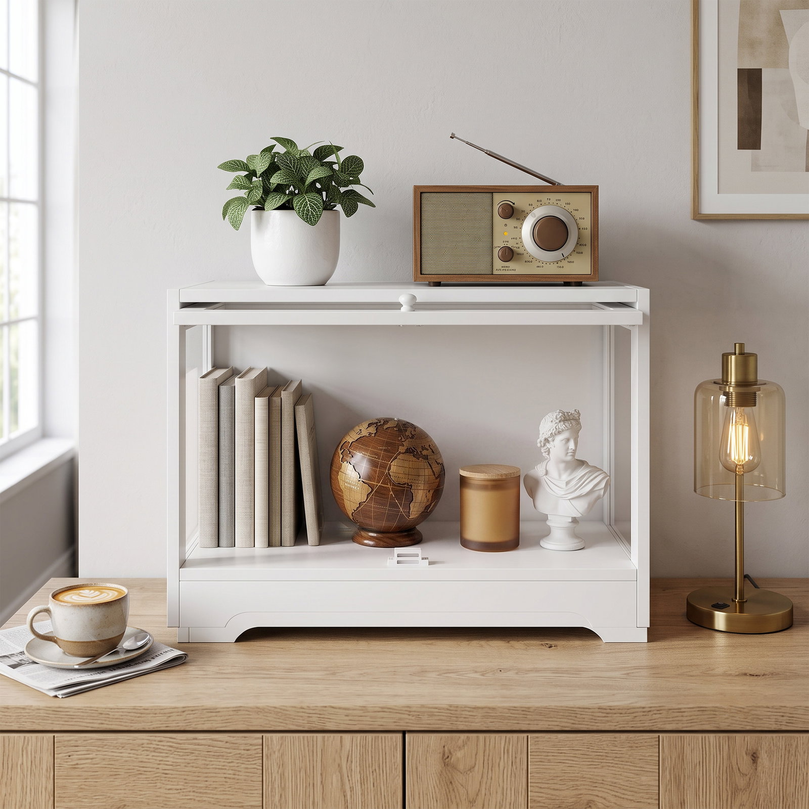 Vitrine expositora para coleções com porta acrílica elevatória deslizante para figuras decorativas 59x30x40 cm branco
