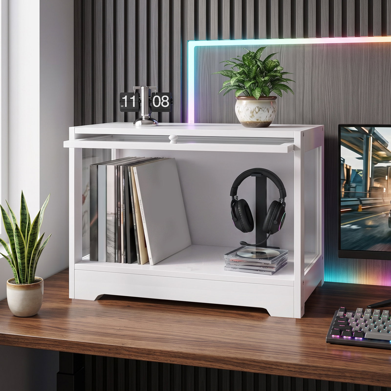 Vitrine expositora para coleções com porta acrílica elevatória deslizante para figuras decorativas 59x30x40 cm branco