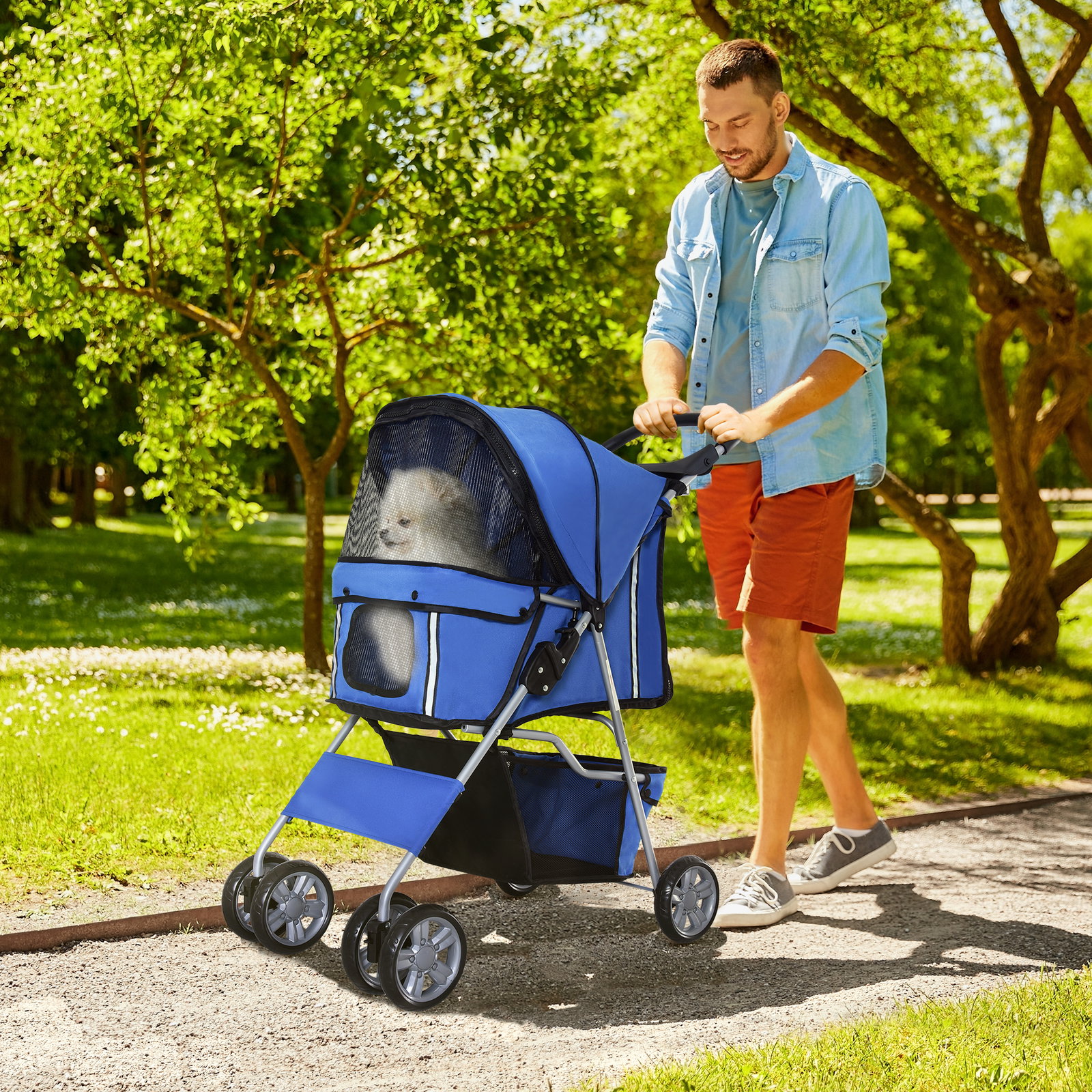 Carrinho de passeio para animais de estimação dobrável com cesta de armazenamento e travão 75x45x97cm azul