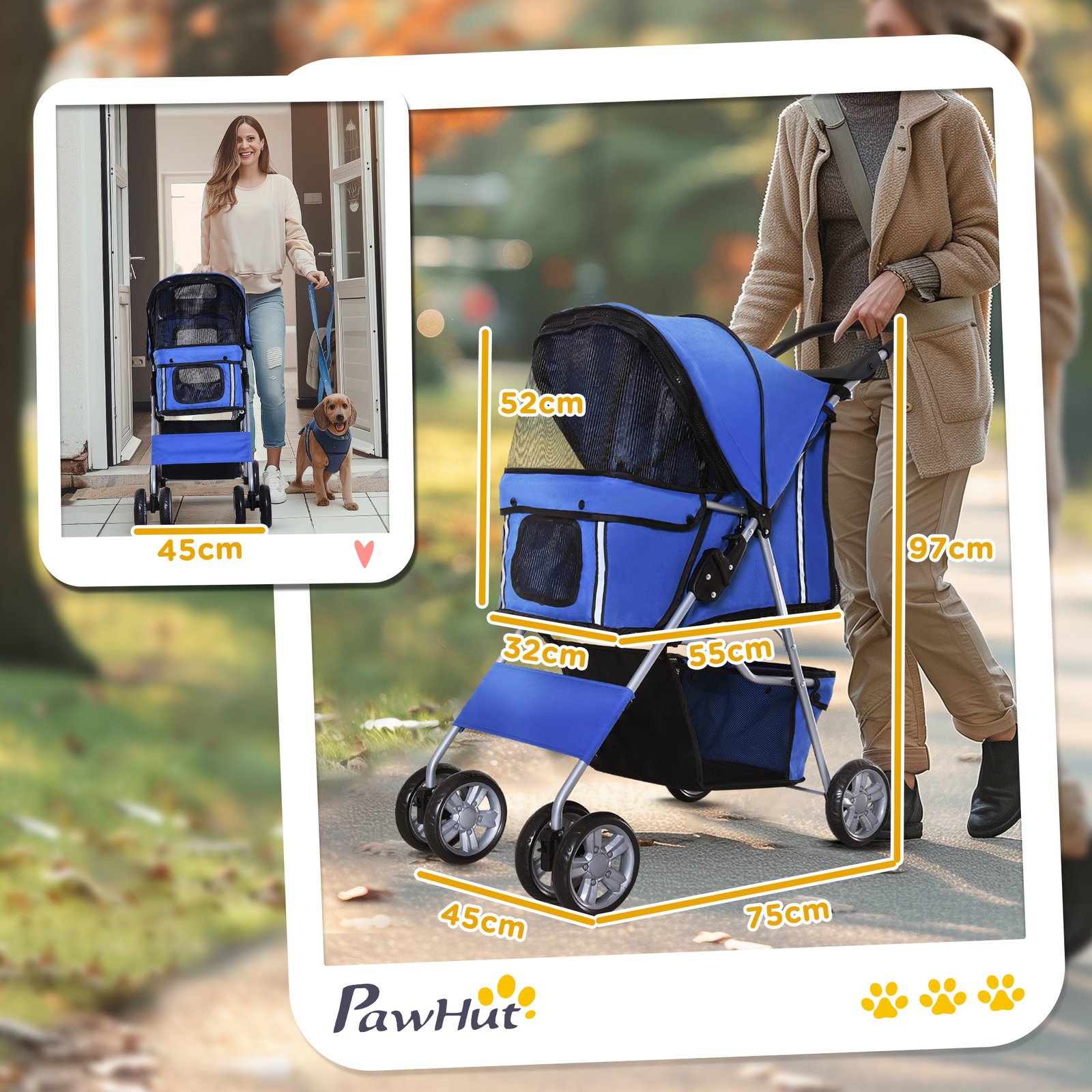 Carrinho de passeio para animais de estimação dobrável com cesta de armazenamento e travão 75x45x97cm azul
