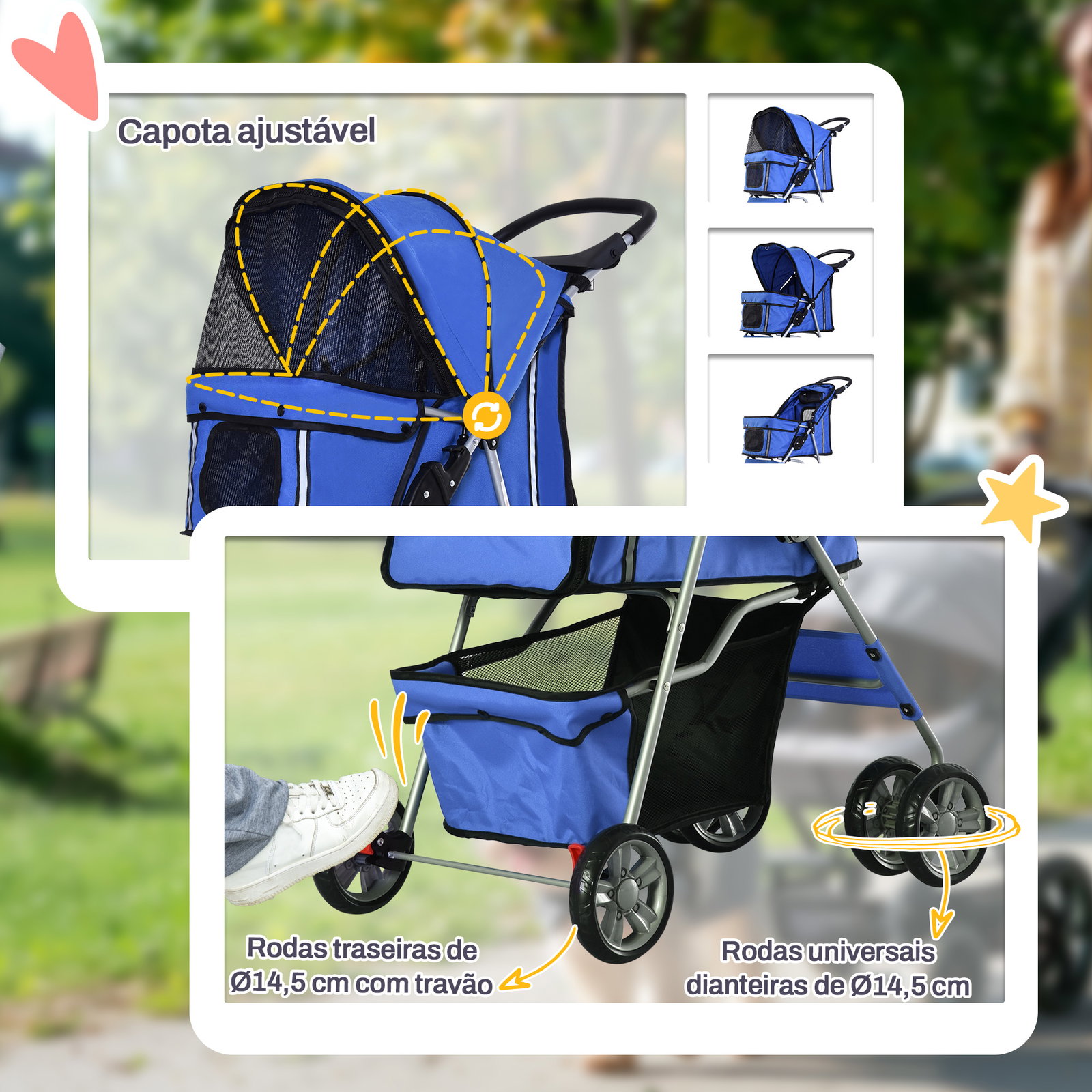 Carrinho de passeio para animais de estimação dobrável com cesta de armazenamento e travão 75x45x97cm azul