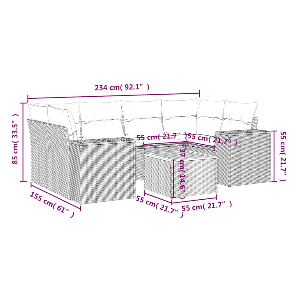 7 Pcs conjunto de sofás p/ jardim c/ almofadões vime PE preto
