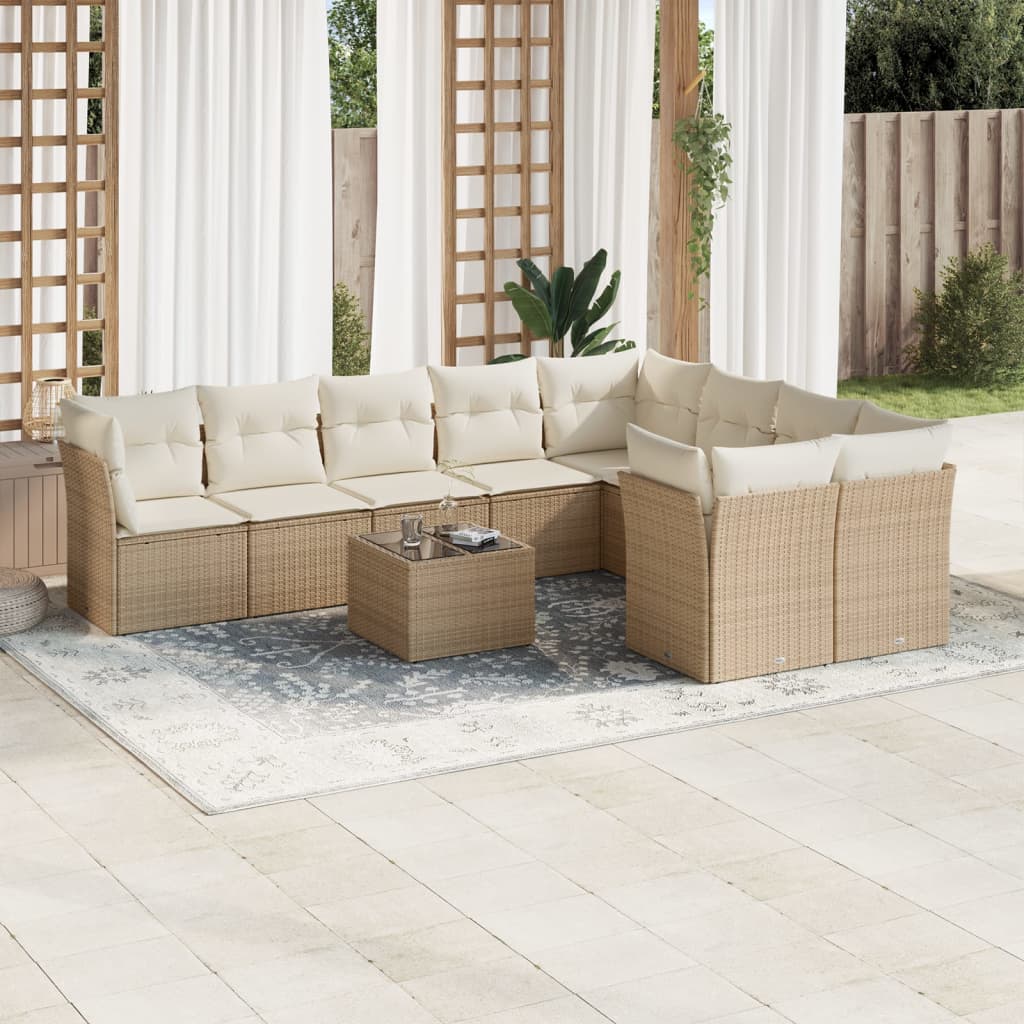 10 Pcs conjunto de sofás p/ jardim com almofadões vime PE bege