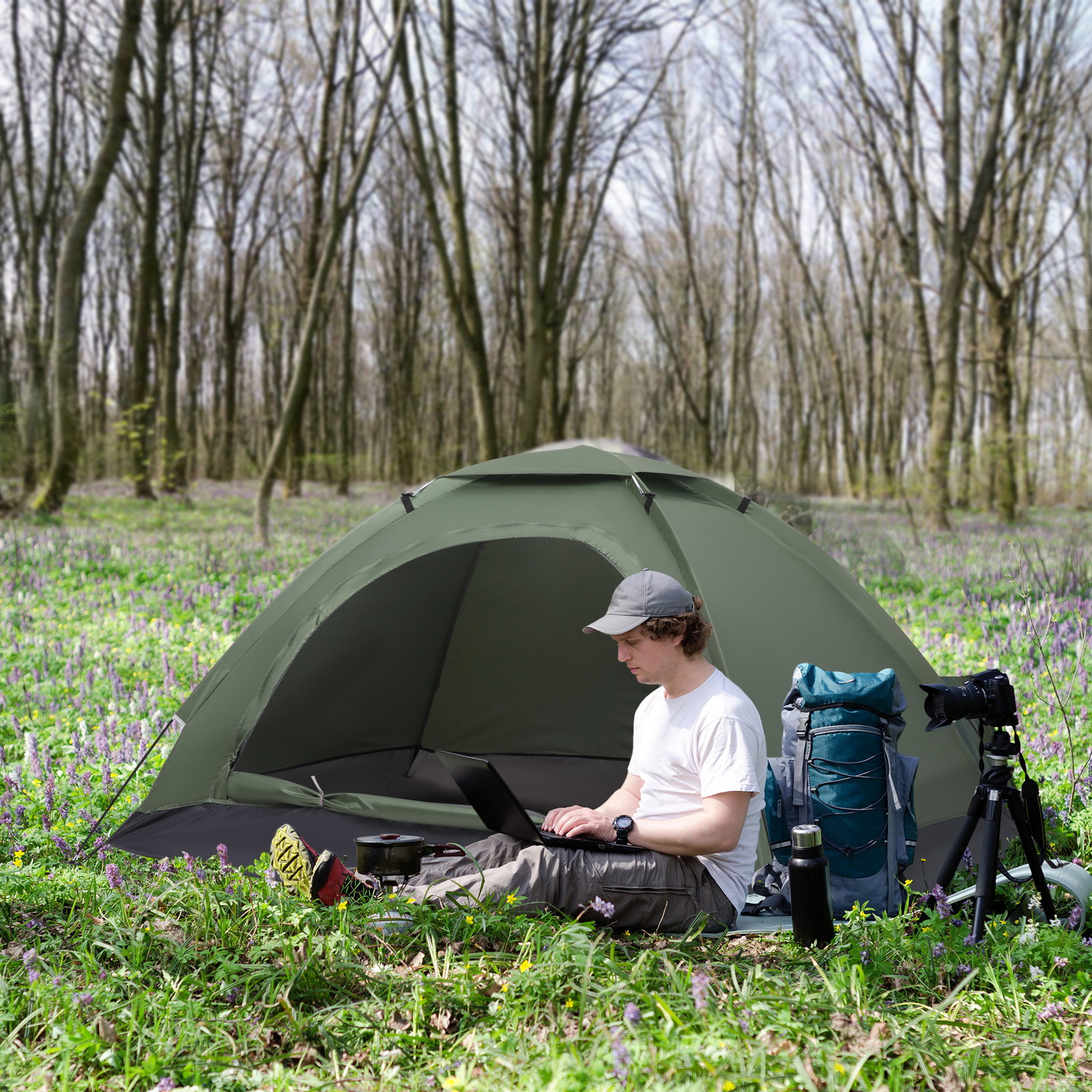 Tenda de campismo 1-2 pessoas dobrável com 2 janelas de malha bolso interior bolsa de transporte 206x152x110 cm verde