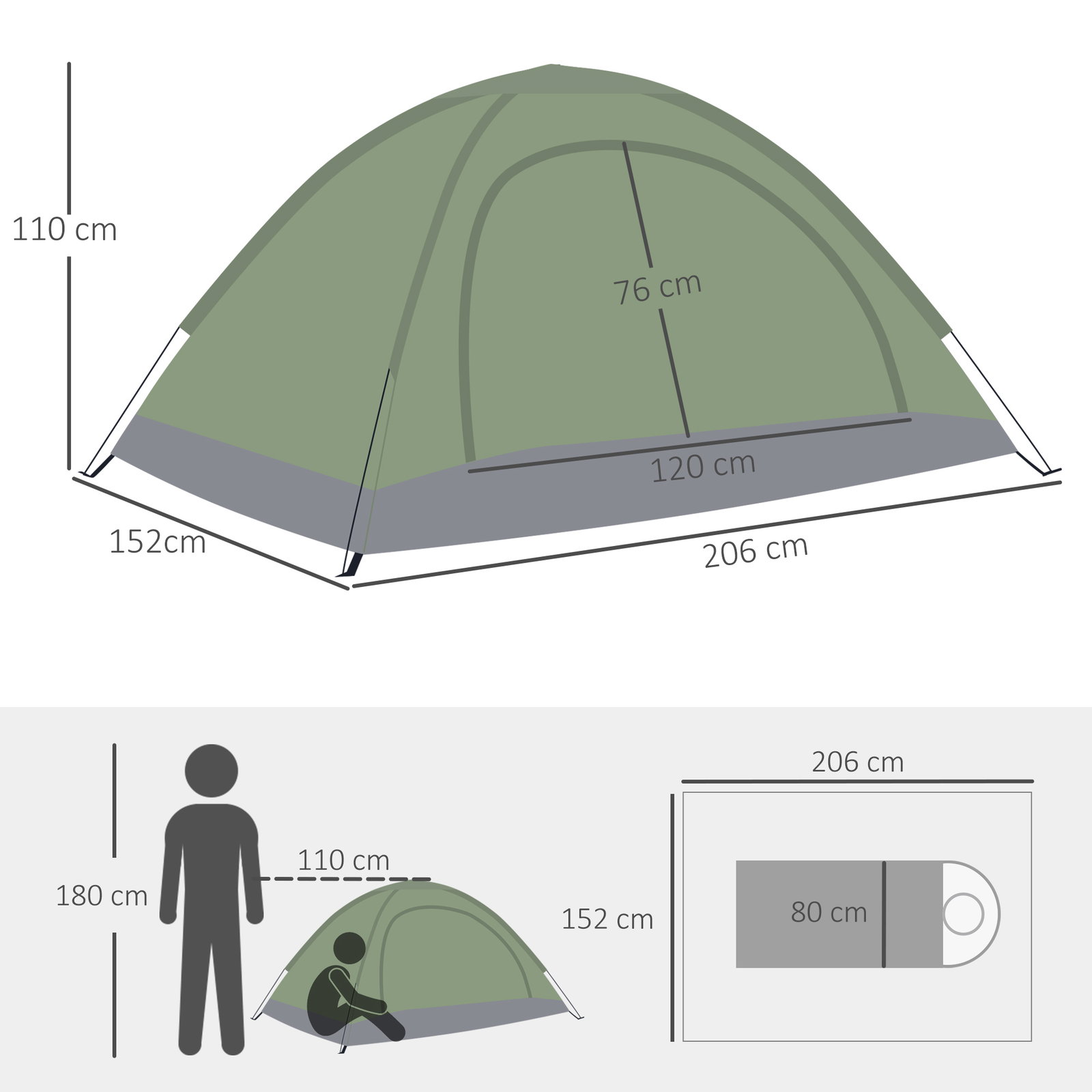 Tenda de campismo 1-2 pessoas dobrável com 2 janelas de malha bolso interior bolsa de transporte 206x152x110 cm verde