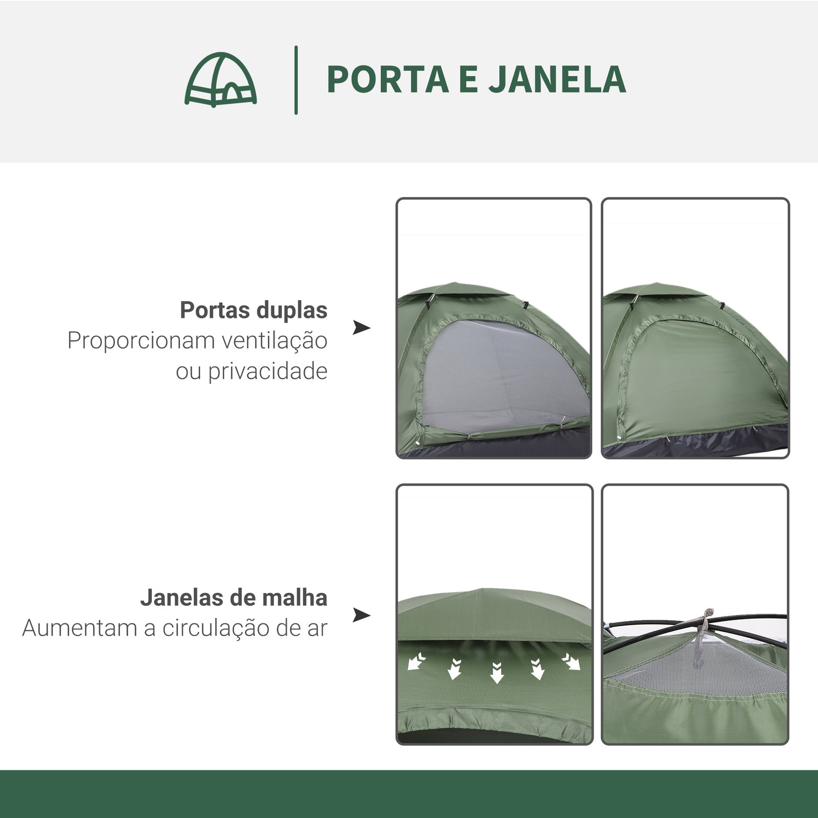 Tenda de campismo 1-2 pessoas dobrável com 2 janelas de malha bolso interior bolsa de transporte 206x152x110 cm verde