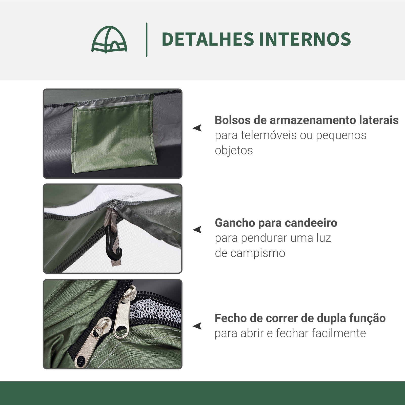 Tenda de campismo 1-2 pessoas dobrável com 2 janelas de malha bolso interior bolsa de transporte 206x152x110 cm verde