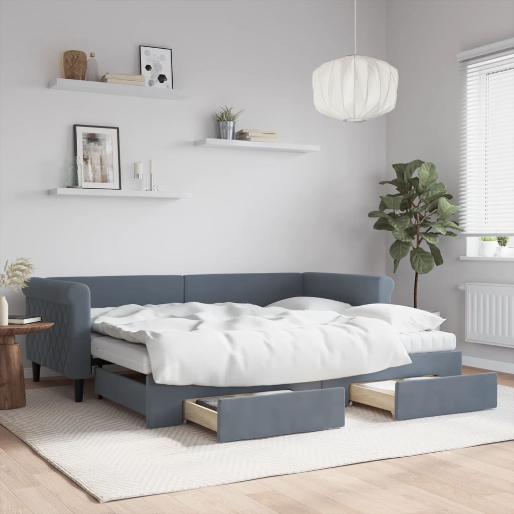 Sofá-cama c/ gavetão e gavetas 90x200 cm veludo cinzento-escuro