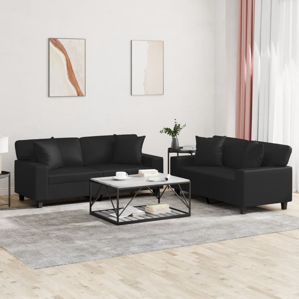2 Pcs conjunto de sofás couro artificial preto