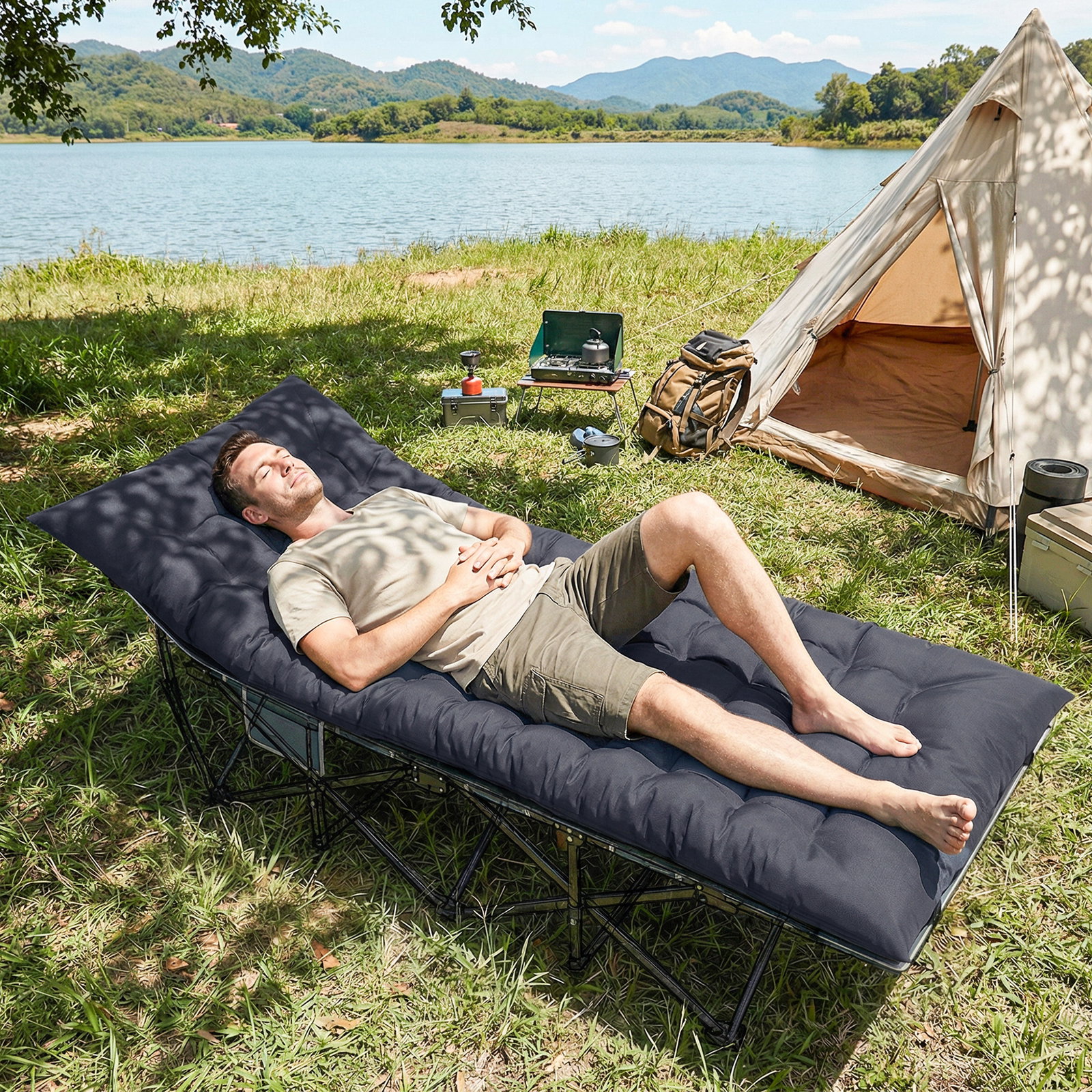 Colchão cama de campismo dobrável com correias antiderrapante espessura 8 cm cinzento escuro