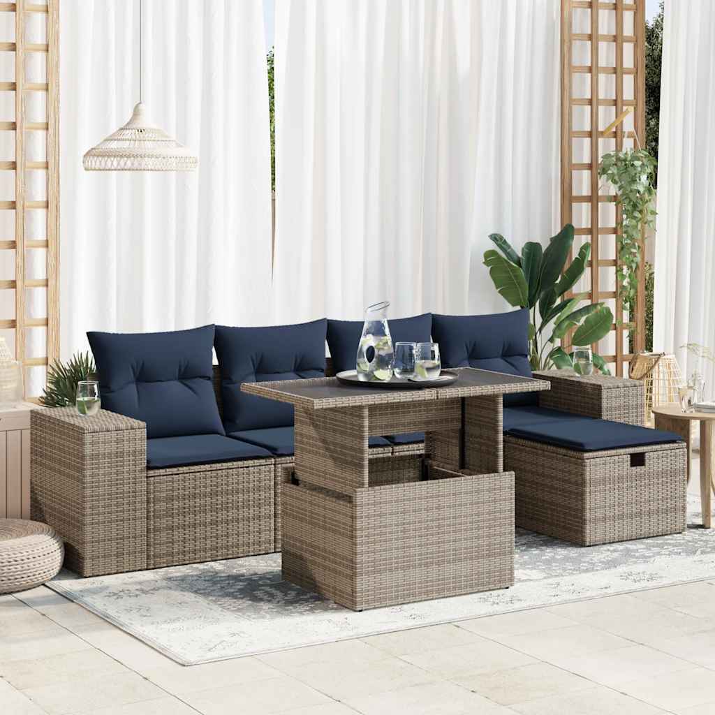 6 Pcs conj. sofás jardim c/ almofadões vime PE/acácia castanho