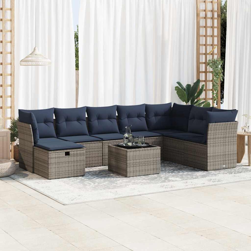 9 Pcs conjunto sofás p/ jardim com almofadões vime PE cinzento