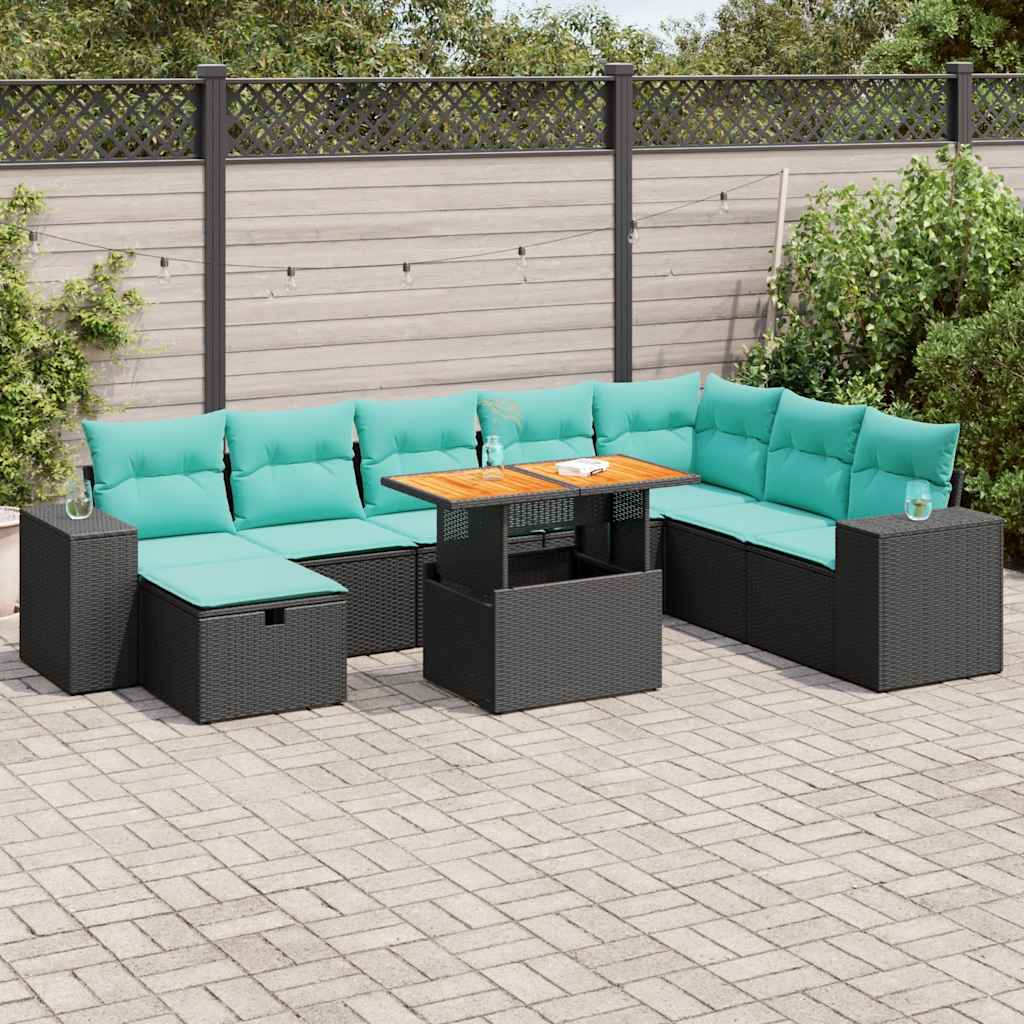 9 Pcs conjunto sofás p/ jardim almofadões vime PE/acácia preto
