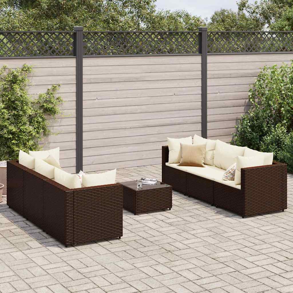 7 Pcs conjunto lounge jardim c/ almofadões vime PE castanho